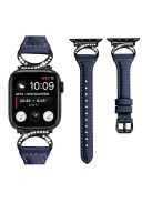 Genuine Cowhide Leather Watch Band for Apple Watch Series 10 42mm / 9 8 7 41mm / SE (2023) SE (2022) SE 6 5 4 40mm / 3 2 1 38mm Rhinestone Decor Strap with Black Buckle - Ink Blue