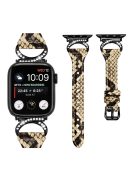 Genuine Cowhide Leather Watch Band for Apple Watch Series 10 42mm / 9 8 7 41mm / SE (2023) SE (2022) SE 6 5 4 40mm / 3 2 1 38mm Rhinestone Decor Strap with Black Buckle - Snake Pattern