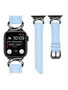 Genuine Cowhide Leather Wristband for Apple Watch Series 10 46mm / Ultra 2 Ultra 49mm /  Series 9 8 7 45mm / 6 5 4 SE (2023) SE (2022) SE 44mm / 3 2 1 42mm Rhinestone Strap with Black Buckle - Blue