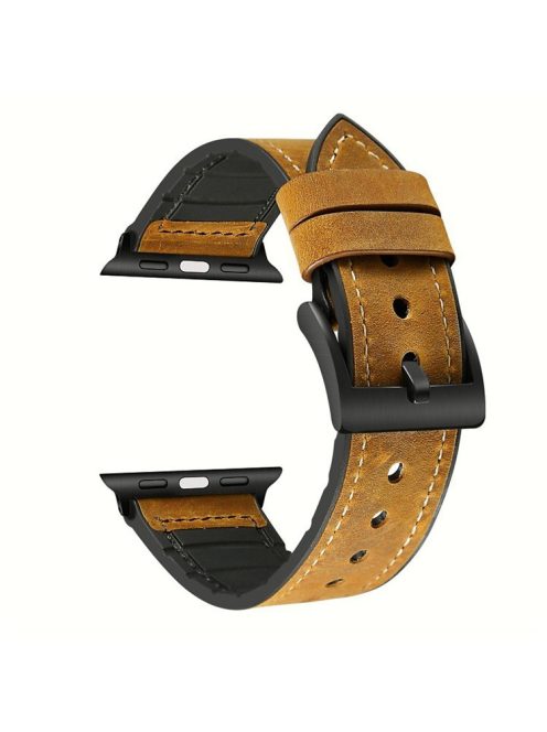 Genuine Leather + Silicone Wrist Watch Strap Replacement for Apple Watch Series 10 42mm / 9 8 7 41mm / SE (2023) SE (2022) SE 6 5 4 40mm / 3 2 1 38mm - Brown