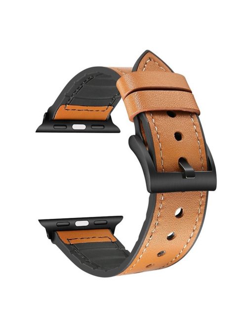 Genuine Leather + Silicone Wrist Watch Strap Replacement for Apple Watch Series 10 46mm / Ultra 2 Ultra 49mm / 9 8 7 45mm / SE (2023) SE (2022) SE 6 5 4 44mm / 3 2 1 42mm - Dark Brown