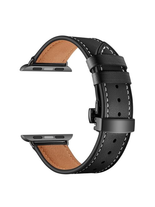 Genuine Leather Watch Replacement Strap for Apple Watch Series 10 42mm / 9 8 7 41mm / SE (2023) SE (2022) SE 6 5 4 40mm / 3 2 1 38mm- Black Buckle / Black