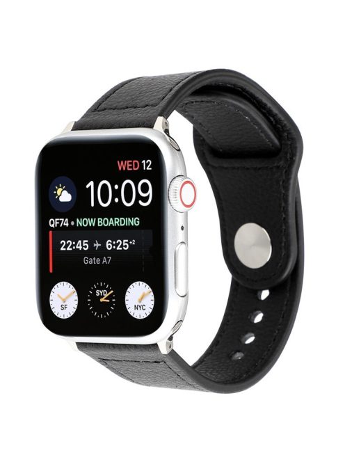 Genuine Leather Watch Strap Smart Watch Band Watchband with Rivet Fastener for Apple Watch Series 10 46mm / Ultra 2 Ultra 49mm / 9 8 7 45mm / SE (2023) SE (2022) SE 6 5 4 44mm / 3 2 1 42mm -Black