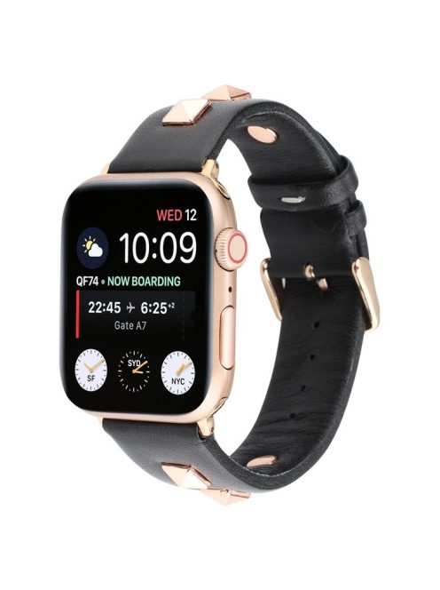 Genuine Leather Watch Strap Smart Watch Band Watchband with Rose Gold Fastener for Apple Watch Series 10 46mm / Ultra 2 Ultra 49mm / 9 8 7 45mm / SE (2023) SE (2022) SE 6 5 4 44mm / 3 2 1 42mm -Black