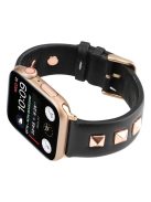 Genuine Leather Watch Strap Smart Watch Band Watchband with Rose Gold Fastener for Apple Watch Series 10 46mm / Ultra 2 Ultra 49mm / 9 8 7 45mm / SE (2023) SE (2022) SE 6 5 4 44mm / 3 2 1 42mm -Black