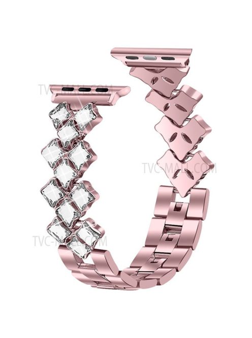 Glittery Rhinestones Decor Stainless Steel Replacement Watch Band Wrist Strap for Apple Watch Series 10 46mm / Ultra 2 Ultra 49mm / 9 8 7 45mm / SE (2023) SE (2022) SE 6 5 4 44mm / 3 2 1 42mm - Rose Pink