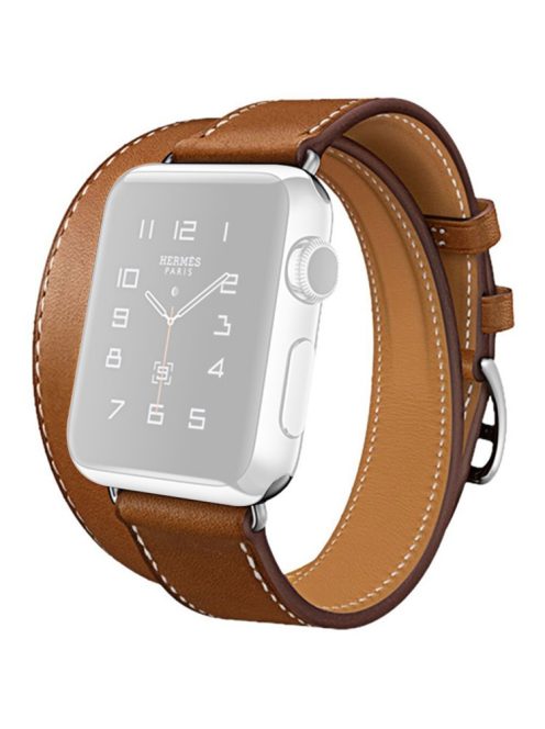 Hermes Style 4-piece Double Tour Genuine Leather Watchband Strap for Apple Watch Series 10 46mm / Ultra 2 Ultra 49mm / 9 8 7 45mm / SE (2023) SE (2022) SE 6 5 4 44mm / 3 2 1 42mm - Brown