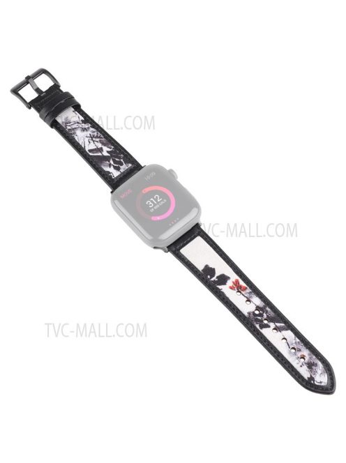 Ink Painting Pattern Genuine Leather Wrist Strap Adjustable Watch Band for Apple Watch Series 10 42mm / 9 8 7 41mm / 6 5 4 SE SE (2022) SE (2023) 40mm / 3 2 1 38mm - Black