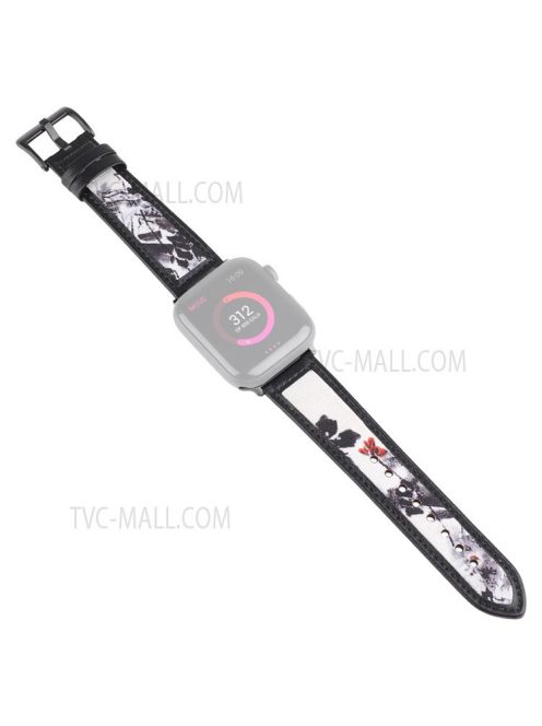 Ink Painting Pattern Replacement Genuine Leather Band Smart Watch Wrist Strap for Apple Watch Series 10 46mm / Ultra 2 Ultra 49mm / 9 8 7 45mm / SE (2023) SE (2022) SE 6 5 4 44mm / 3 2 1 42mm - Black