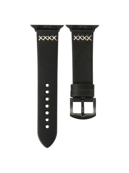 KALEBOL For Apple Watch 10 46mm / Ultra 2 / Ultra 49mm / 9 8 7 45mm / SE (2023) SE (2022) SE 6 5 4 44mm / 3 2 1 42mm Cross-Stitch Leather Strap - Black