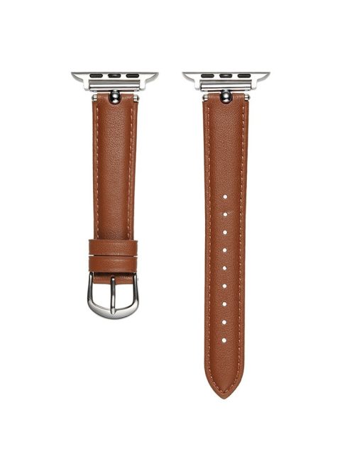 KALEBOL For Apple Watch Series 9 8 7 41mm  /  SE (2023) SE (2022) SE 6 5 4 40mm  /  3 2 1 38mm Genuine Cow Leather Watchband - Dark Brown  /  Silver Buckle