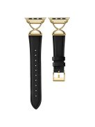 Leather Band For Apple Watch Series 10 42mm / 9 8 7 41mm / 6 5 4 SE (2023) SE (2022) SE 40mm / 3 2 1 38mm Electroplated Buckle Watch Strap - Black+Gold