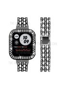 Luxury 3 Rows Rhinestone Decor 5 Beads Stainless Steel iWatch Watchband + PC Watch Case Protective Cover for Apple Watch Series 6 / 5 / 4 / SE 44mm / SE (2022) 44mm - Black / White / Black