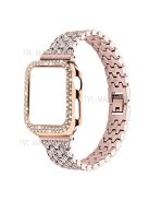 Luxury 3 Rows Rhinestone Decor 5 Beads Stainless Steel iWatch Watchband + PC Watch Case Protective Cover for Apple Watch Series 6 / 5 / 4 / SE 44mm / SE (2022) 44mm - Pink Gold / Transparent / Rose Gold