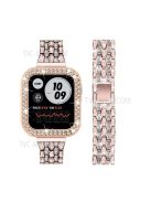 Luxury 3 Rows Rhinestone Decor 5 Beads Stainless Steel iWatch Watchband + PC Watch Case Protective Cover for Apple Watch Series 6 / 5 / 4 / SE 44mm / SE (2022) 44mm - Pink Gold / Transparent / Rose Gold