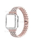 Luxury 3 Rows Rhinestone Decor 5 Beads Stainless Steel iWatch Watchband + PC Watch Case Protective Cover for Apple Watch Series 6 / 5 / 4 / SE 44mm / SE (2022) 44mm - Pink Gold / Transparent / Transparent