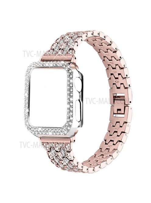 Luxury 3 Rows Rhinestone Decor 5 Beads Stainless Steel iWatch Watchband + PC Watch Case Protective Cover for Apple Watch Series 6 / 5 / 4 / SE 44mm / SE (2022) 44mm - Pink Gold / Transparent / Transparent