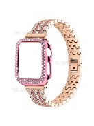 Luxury 3 Rows Rhinestone Decor 5 Beads Stainless Steel iWatch Watchband + PC Watch Case Protective Cover for Apple Watch Series 6 / 5 / 4 / SE 44mm / SE (2022) 44mm - Rose Gold / Rose / Rose Pink