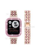 Luxury 3 Rows Rhinestone Decor 5 Beads Stainless Steel iWatch Watchband + PC Watch Case Protective Cover for Apple Watch Series 6 / 5 / 4 / SE 44mm / SE (2022) 44mm - Rose Gold / Rose / Rose Pink