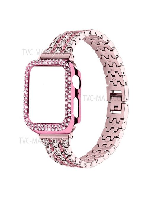 Luxury 3 Rows Rhinestone Decor 5 Beads Stainless Steel iWatch Watchband + PC Watch Case Protective Cover for Apple Watch Series 6 / 5 / 4 / SE 44mm / SE (2022) 44mm - Rose Pink / Rose / Rose Pink