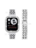 Luxury 3 Rows Rhinestone Decor 5 Beads Stainless Steel iWatch Watchband + PC Watch Case Protective Cover for Apple Watch Series 6 / 5 / 4 / SE 44mm / SE (2022) 44mm - Silver / Transparent / Silver