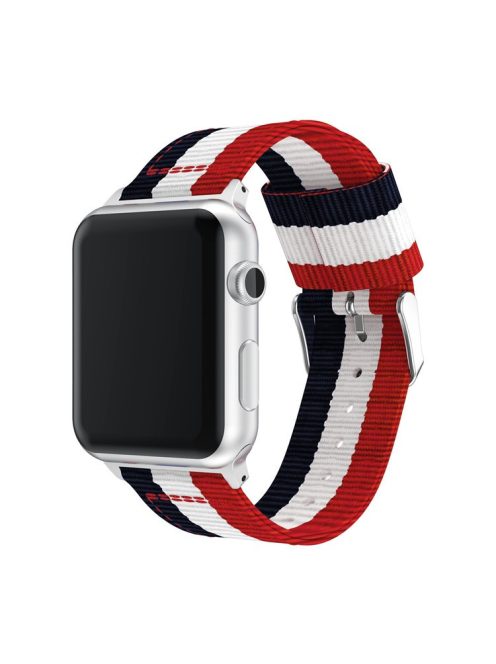 Metal Buckle Woven Nylon Watch Strap for Apple Watch Series 10 42mm / 9 8 7 41mm / SE (2023) SE (2022) SE 6 5 4 40mm / 3 2 1 38mm - Blue / White / Red Three Stripes