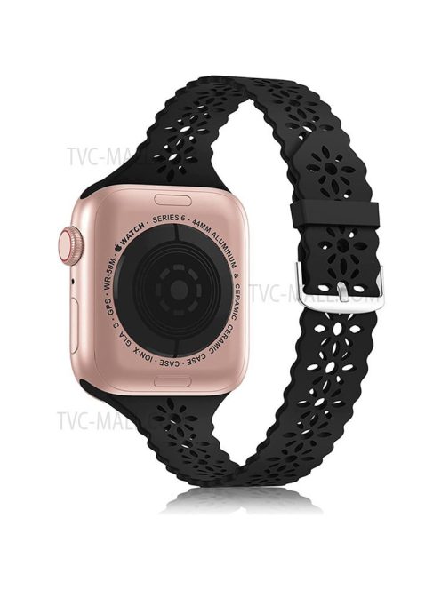 Plum Blossom Design Silicone Smartwatch Band Replacement Wrist Strap for Apple Watch Series 10 42mm / 9 8 7 41mm / 6 5 4 SE SE (2022) SE (2023) 40mm / 3 2 1 38mm - Black