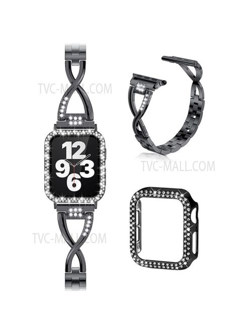 Protective Case Rhinestone Decorated + X-shape Metal Watch Strap Scratch-proof Replacement for Apple Watch Series 6 / 5 / 4 / SE 44mm / SE (2022) 44mm -  Black