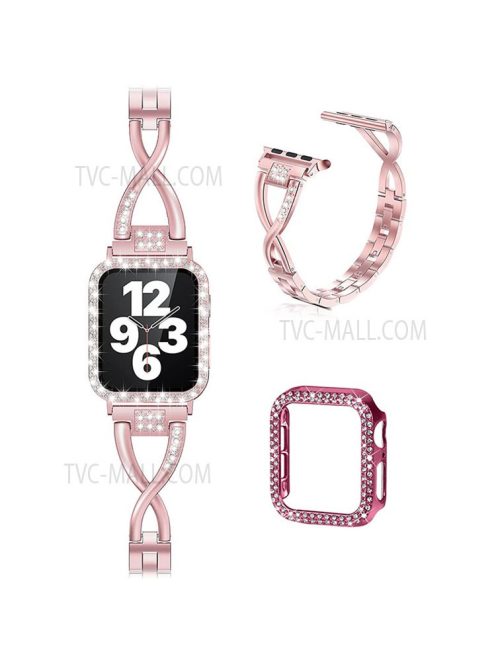 Protective Case Rhinestone Decorated + X-shape Metal Watch Strap Scratch-proof Replacement for Apple Watch Series 6 / 5 / 4 / SE 44mm / SE (2022) 44mm -  Rose Pink