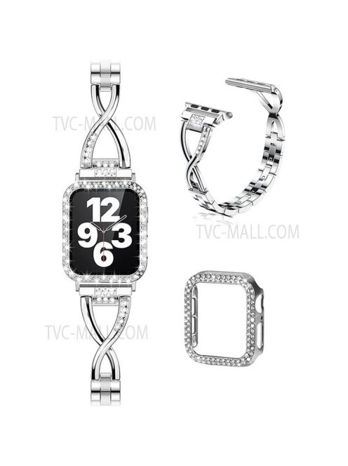 Protective Case Rhinestone Decorated + X-shape Metal Watch Strap Scratch-proof Replacement for Apple Watch Series 6 / 5 / 4 / SE 44mm / SE (2022) 44mm -  Silver