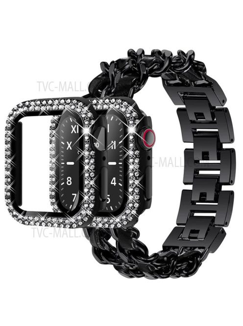 PU Leather + Stainless Steel Watch Strap + Double Row Rhinestone Protective Watch Case Cover for Apple Watch Series 1/2/3 42mm - Black/Black Leather