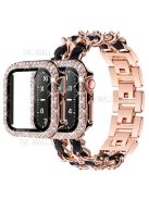 PU Leather and Stainless Steel Watch Strap + Double Row Rhinestone Drop-proof Protective Case for Apple Watch SE/Series 4/5/6 40mm - Rose Gold/Black Leather