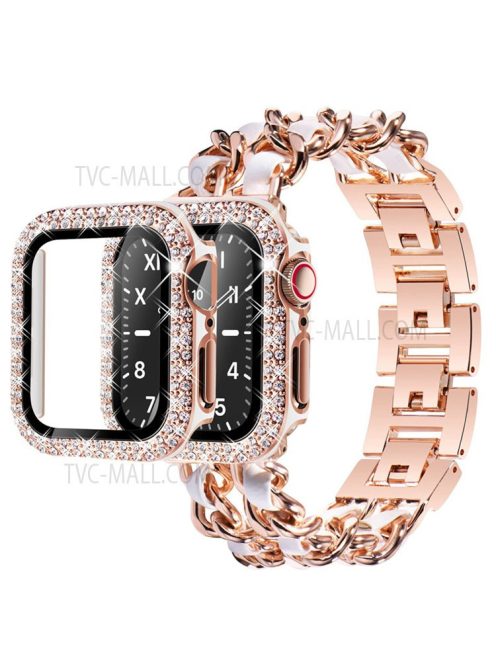 PU Leather and Stainless Steel Watch Strap + Double Row Rhinestone Drop-proof Protective Case for Apple Watch SE/Series 4/5/6 40mm - Rose Gold/White Leather