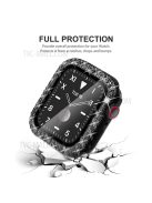 PU Leather and Stainless Steel Watch Strap + Stylish Double Row Rhinestone Anti-fall Protective Case for Apple Watch SE 44mm / SE (2022) 44mm  / Series 4 / 5 / 6 44mm - Black / Black Leather