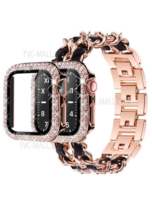 PU Leather and Stainless Steel Watch Strap + Stylish Double Row Rhinestone Anti-fall Protective Case for Apple Watch SE 44mm / SE (2022) 44mm  / Series 4 / 5 / 6 44mm - Rose Gold / Black Leather