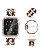 PU Leather and Stainless Steel Watch Strap + Stylish Double Row Rhinestone Anti-fall Protective Case for Apple Watch SE 44mm / SE (2022) 44mm  / Series 4 / 5 / 6 44mm - Rose Gold / Black Leather