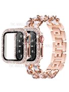 PU Leather and Stainless Steel Watch Strap + Stylish Double Row Rhinestone Anti-fall Protective Case for Apple Watch SE 44mm / SE (2022) 44mm  / Series 4 / 5 / 6 44mm - Rose Gold / White Leather