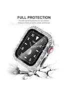 PU Leather and Stainless Steel Watch Strap + Stylish Double Row Rhinestone Anti-fall Protective Case for Apple Watch SE 44mm / SE (2022) 44mm  / Series 4 / 5 / 6 44mm - Silver / White Leather