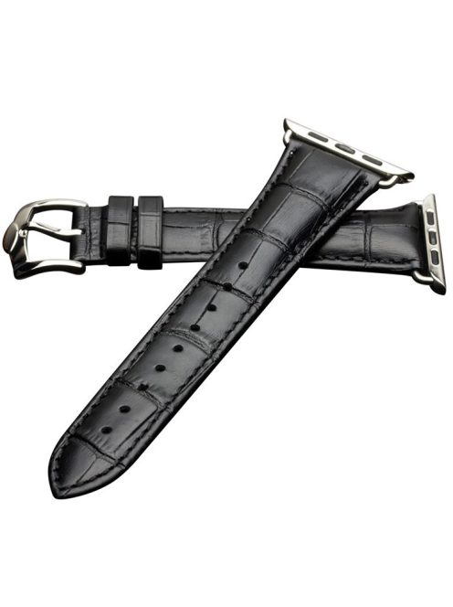 QIALINO Crocodile Pattern Genuine Leather Watch Wrist Strap for Apple Watch Series 10 46mm / Ultra 2 Ultra 49mm / 9 8 7 45mm / SE (2023) SE (2022) SE 6 5 4 44mm / 3 2 1 42mm - Black