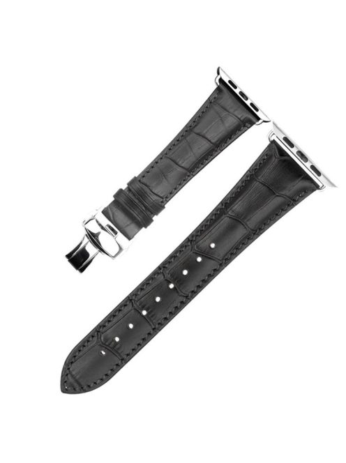 QIALINO For Apple Watch Series 10 46mm / Ultra 2 Ultra 49mm / 9 8 7 45mm / SE (2023) SE (2022) SE 6 5 4 44mm / 3 2 1 42mm Genuine Leather Watch Strap Replacement Watchband - Black