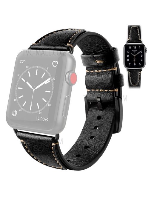 Retro Breathable Top Layer Cowhide Genuine Leather Strap Watch Band for Apple Watch Ultra 49mm / Ultra 2 49mm / Series 9 45mm / SE (2023) 44mm / Series 8 45mm / 7 45mm / 6 / 5 / 4 / SE 44mm / SE (2022) 44mm / 3 / 2 / 1 42mm - Black