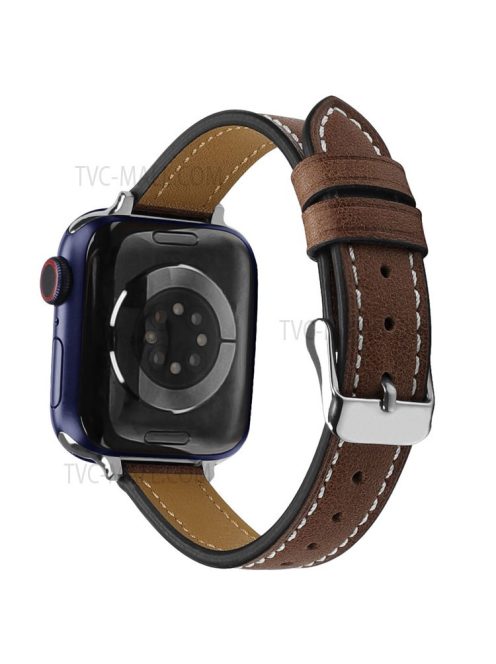 Retro Genuine Leather Replacement Band Narrow Smart Watch Wrist Strap for Apple Watch Series 10 46mm / Ultra 2 Ultra 49mm / 9 8 7 45mm / SE (2023) SE (2022) SE 6 5 4 44mm / 3 2 1 42mm - Brown