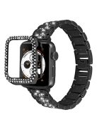 Rhinestone Decor 3 Beads Replacement Watch Strap + Anti-Scratch Double Row Rhinestone PC Watch Case Cover for Apple Watch Series 7 41mm - Black