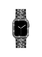 Rhinestone Decor 3 Beads Replacement Watch Strap + Anti-Scratch Double Row Rhinestone PC Watch Case Cover for Apple Watch Series 7 41mm - Black