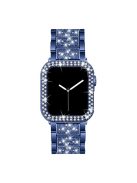 Rhinestone Decor 3 Beads Replacement Watch Strap + Anti-Scratch Double Row Rhinestone PC Watch Case Cover for Apple Watch Series 7 41mm - Blue