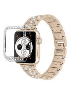 Rhinestone Decor 3 Beads Replacement Watch Strap + Anti-Scratch Double Row Rhinestone PC Watch Case Cover for Apple Watch Series 7 41mm - Retro Gold