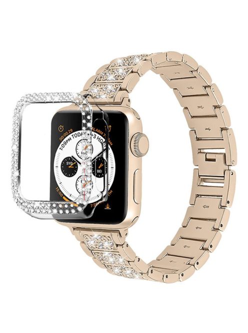 Rhinestone Decor 3 Beads Replacement Watch Strap + Anti-Scratch Double Row Rhinestone PC Watch Case Cover for Apple Watch Series 7 41mm - Retro Gold