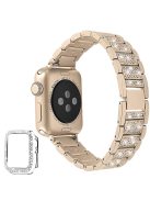 Rhinestone Decor 3 Beads Replacement Watch Strap + Anti-Scratch Double Row Rhinestone PC Watch Case Cover for Apple Watch Series 7 41mm - Retro Gold