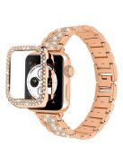 Rhinestone Decor 3 Beads Replacement Watch Strap + Anti-Scratch Double Row Rhinestone PC Watch Case Cover for Apple Watch Series 7 41mm - Rose Gold