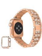 Rhinestone Decor 3 Beads Replacement Watch Strap + Anti-Scratch Double Row Rhinestone PC Watch Case Cover for Apple Watch Series 7 41mm - Rose Gold